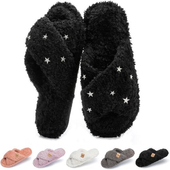 ⚡Women’s Black Star Faux Fur Cozy Fuzzy Cross Band Slippers Indoor House Shoes - Picture 1 of 6